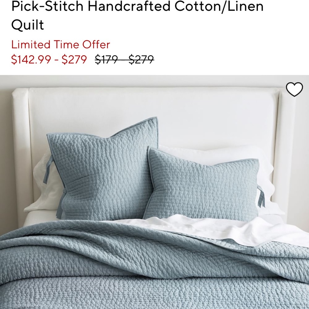 Pottery Barn PickStitch cotton/linen full/queen quilt in Chambray. NWT!!!
